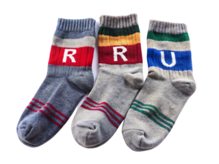 three pairs of socks with ru isolated on white background ,PNG.AI Generated.