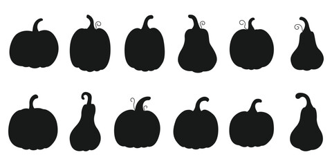 Black silhouettes of pumpkins. Isolated white background. Design for Halloween. Vector flat illustration