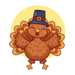 Cute cartoon turkey. Thanksgiving design. Isolated background. Vector illustration