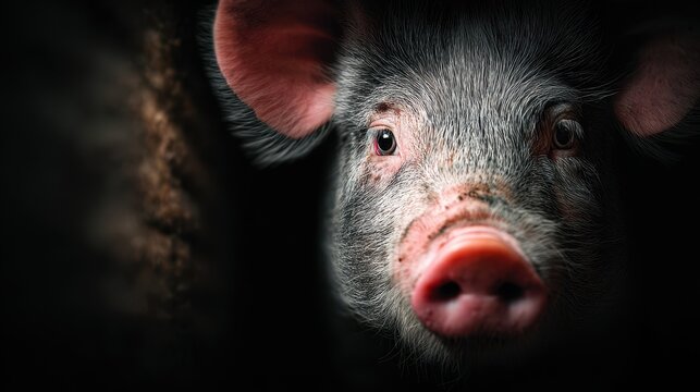 Close-up view of a curious pig in a dark barn environment during a quiet evening - Powered by Adobe