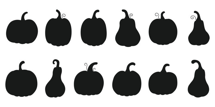 Black silhouettes of pumpkins. Isolated white background. Design for Halloween. Vector flat illustration