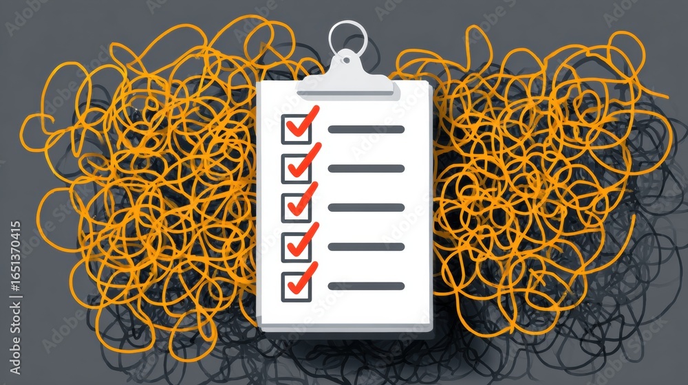 Poster checklist on a clipboard surrounded by tangled lines representing confusion and organization in pers