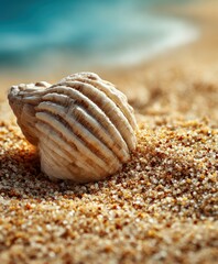 Seashell lies on sandy beach