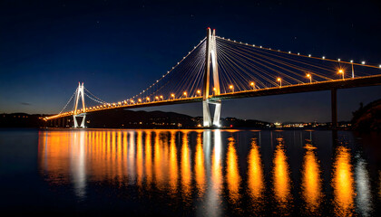 Fototapeta premium Illuminated Cable Stayed Bridge Spanning Water Reflecting City Lights at Night Under Clear Blue Sky