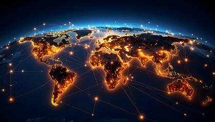Glowing Illuminated World Globe Depicting Global Connections And Digital Networks In A Dark Blue Space