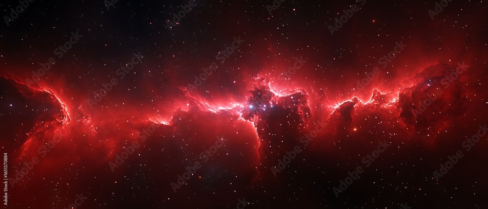 Poster expansive red nebula illuminated by starlight, stretching across the vast, dark canvas of outer spac