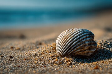 Seashell lies on sandy beach