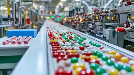 Automated production line with colorful gelatin candies in a factory setting