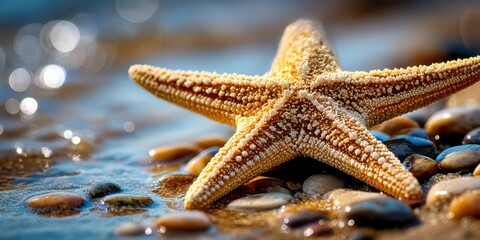Starfish on pebble beach at sunset