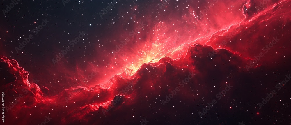 Poster intense red nebula with bright core, surrounded by a field of stars in the infinite darkness of the 