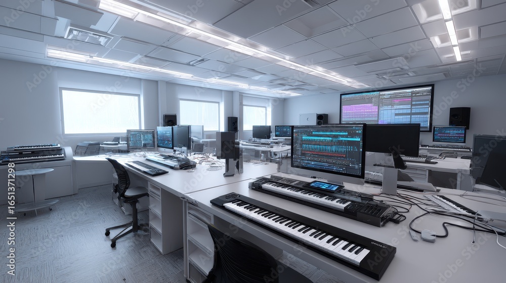 Poster musical instruments and computers in a music studio, for sound design and creation