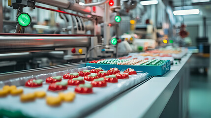 Automated production line with colorful gelatin candies in a factory setting