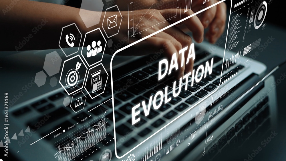 Poster hands typing on laptop with data evolution graphics and digital interface concepts in modern workspa