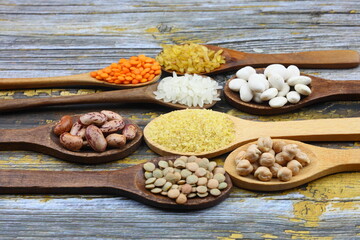 Different type of raw dry legumes composition. lentils, red lentils, chickpeas and kidney beans. Mix organic legume concept.