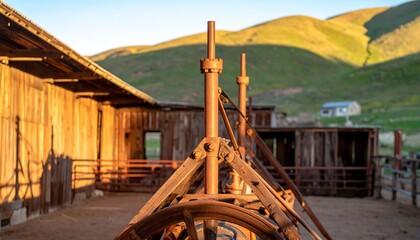 Rustic barn machinery in sunny landscape