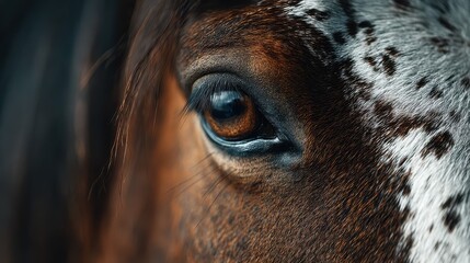 Close-up view of a horse's eye showcasing its expressive features and unique markings