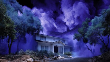 Eerie Front Yard of a Haunted House Surrounded by Dark Trees and Vibrant Purple Mist at Night