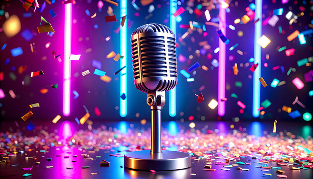 Shiny Retro Microphone on Stage Surrounded by Colorful Confetti and Neon Lights - Powered by Adobe