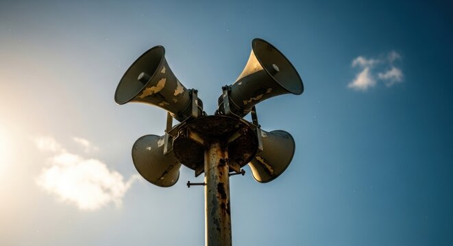 Weathered tornado siren against a blue sky with clouds