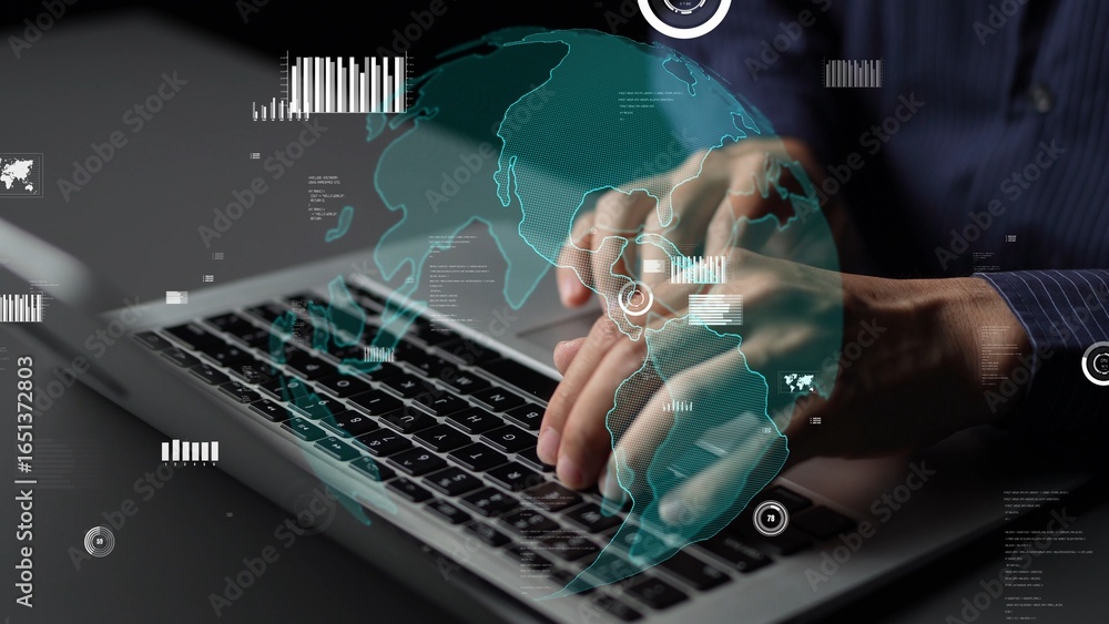 Poster a close-up view of hands typing on a laptop, accompanied by a digital globe and data visualization e