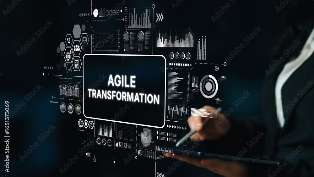 Poster professional businesswoman illustrating agile transformation with digital graphs and data visualizat