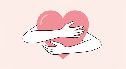 Gentle white arms embracing a large, glossy pink heart symbol.