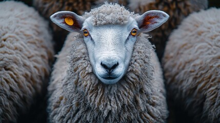 White sheep stares intently from a herd, its fleece dense and curly