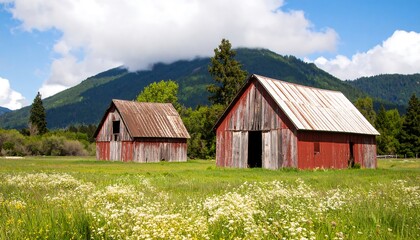 Fototapeta premium Rustic barns in a meadow
