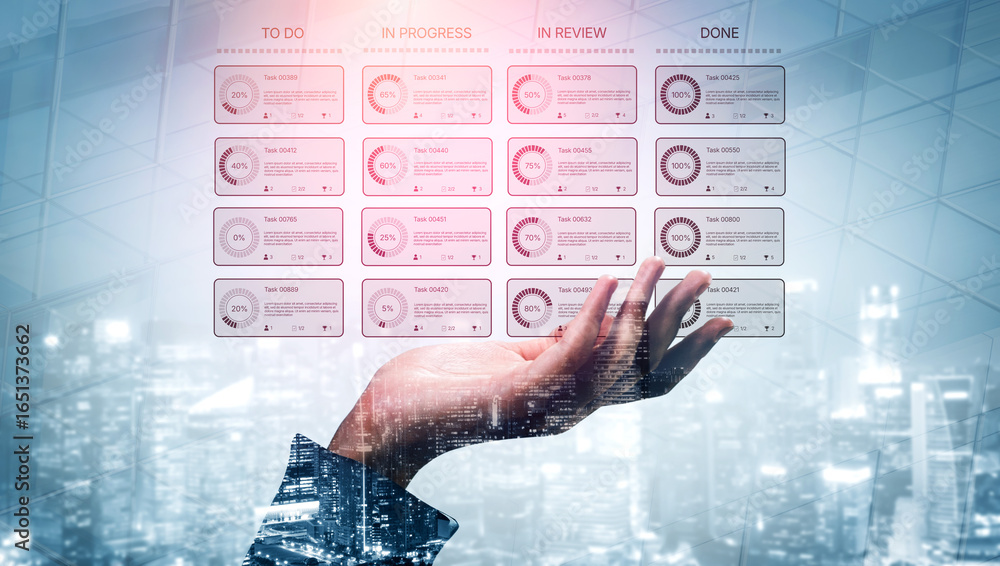 Poster task management tool dashboard showing kanban-style workflow with columns for to do, in progress, in