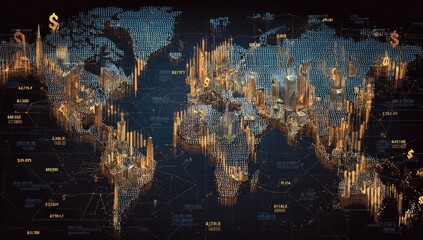 Global financial network, detailed world map with city structures and financial data visualizations