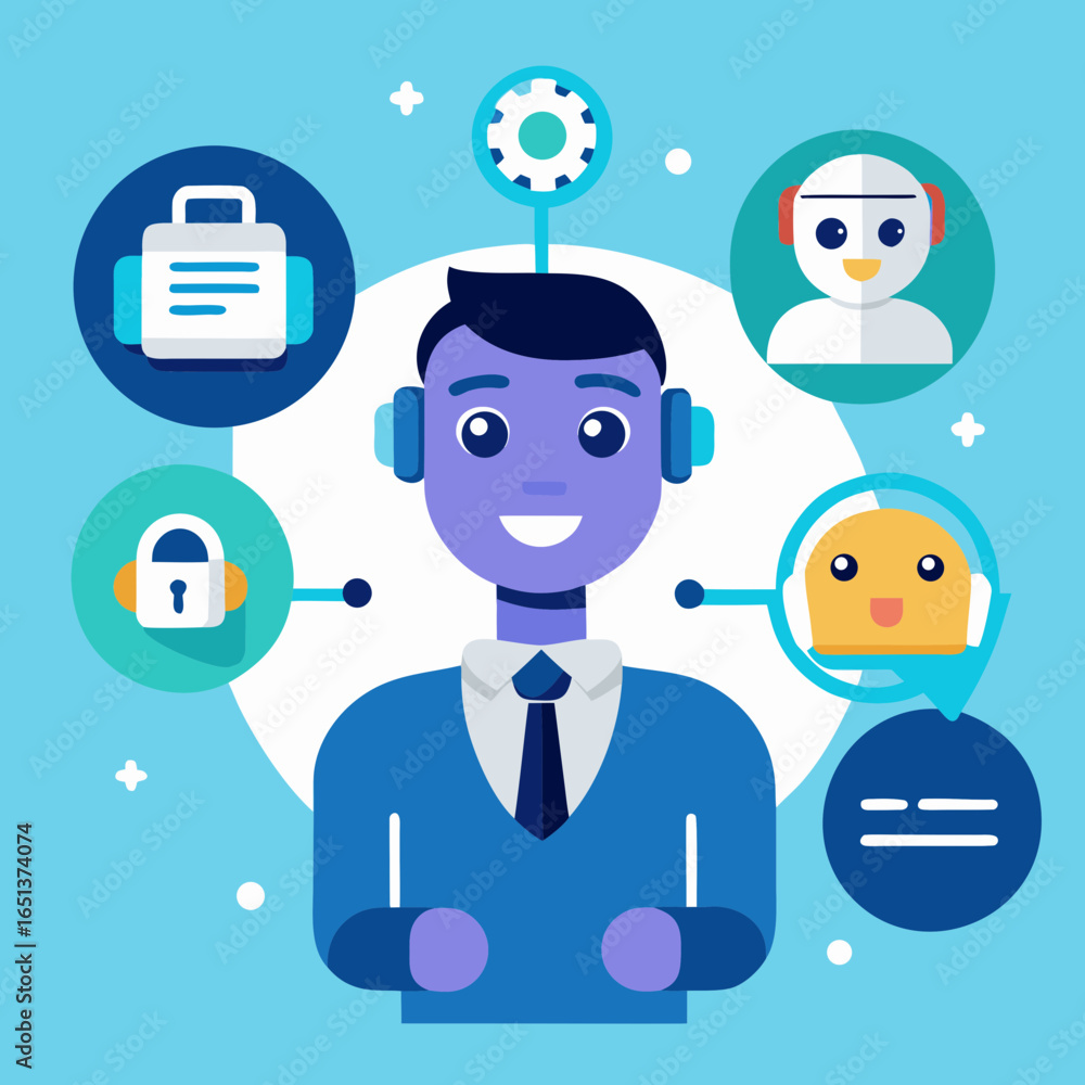 Poster vector art of artificial intelligence chatbot or virtual assistant concept with a friendly character