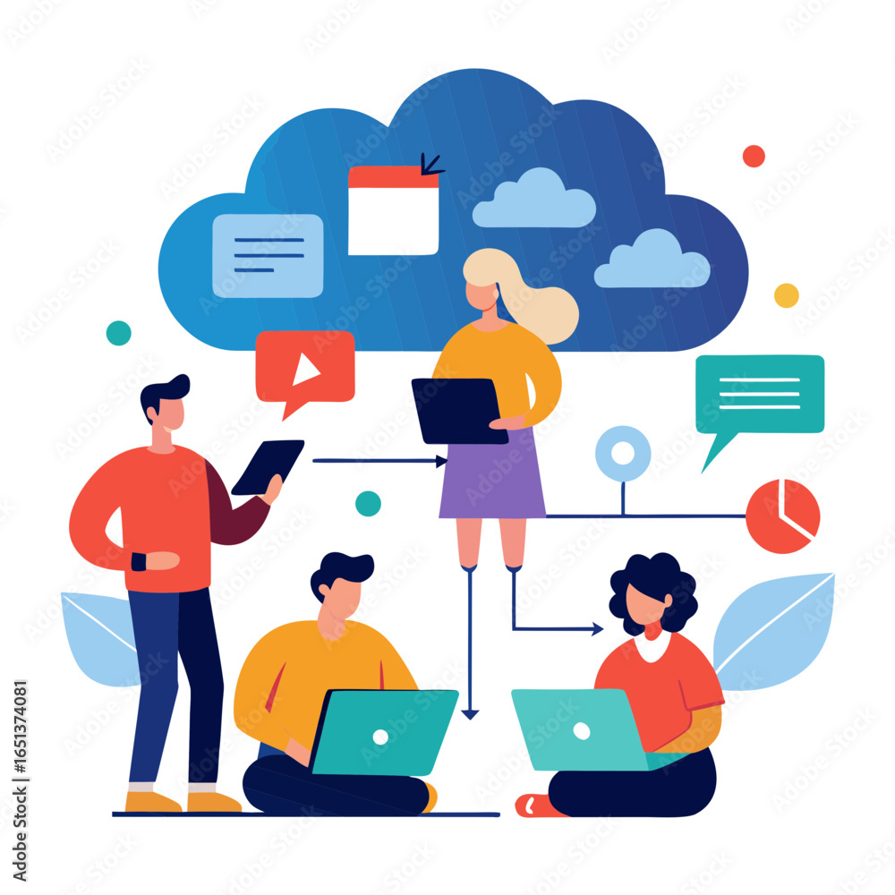 Poster vector art of teamwork and collaboration in business using technology and cloud computing for data s