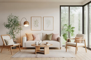 A bright and airy Scandinavian-inspired living room. Minimalist design with a focus on natural light, comfort, and peaceful harmony.
