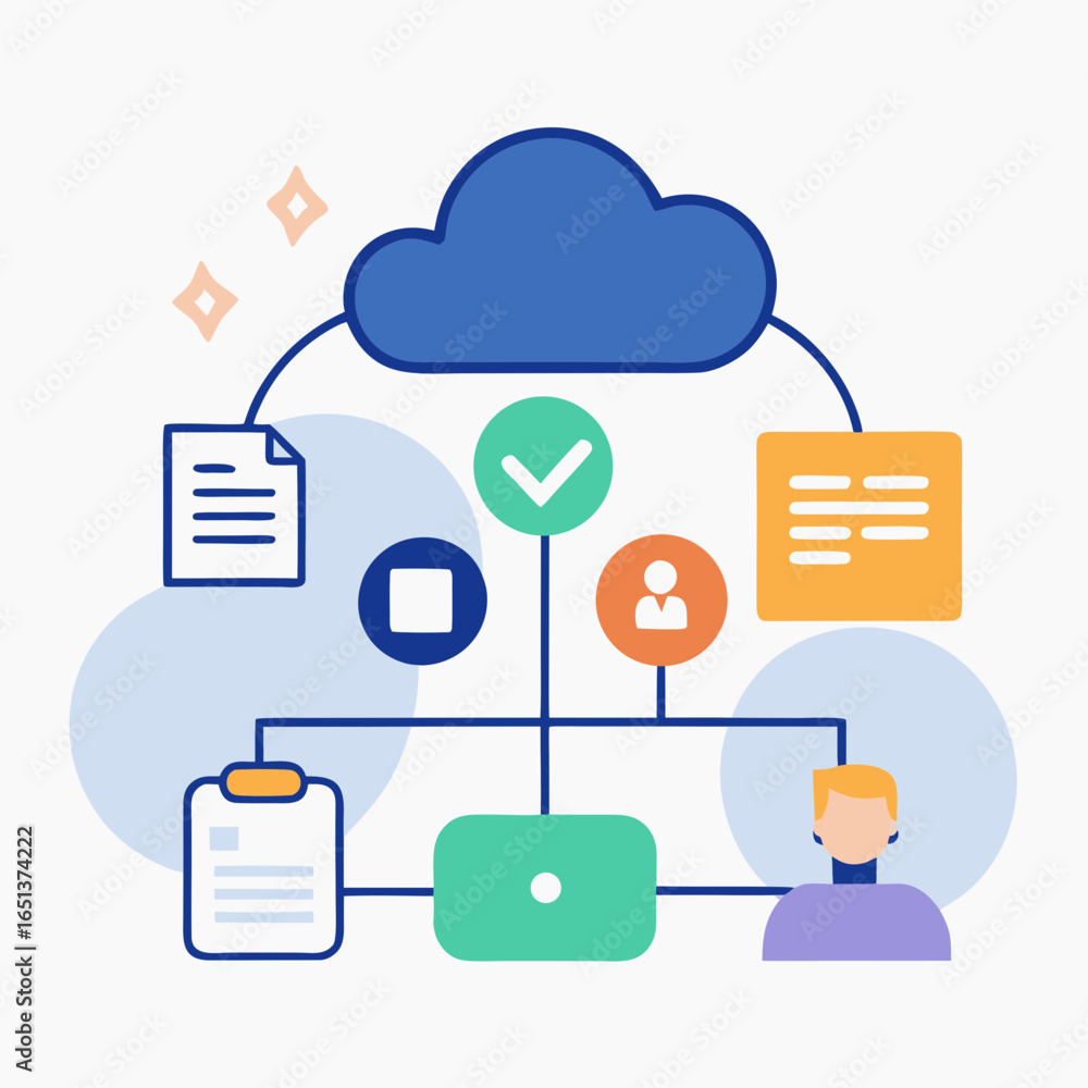 Poster vector art of cloud computing concept with data management, user profiles, documents, and workflow e