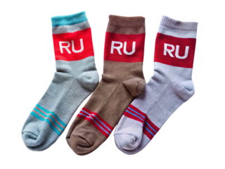 three pairs of socks with ru isolated on white background ,PNG.AI Generated.