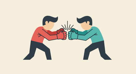 Two stylized cartoon men in boxing gloves clashing fists in a competitive stance.