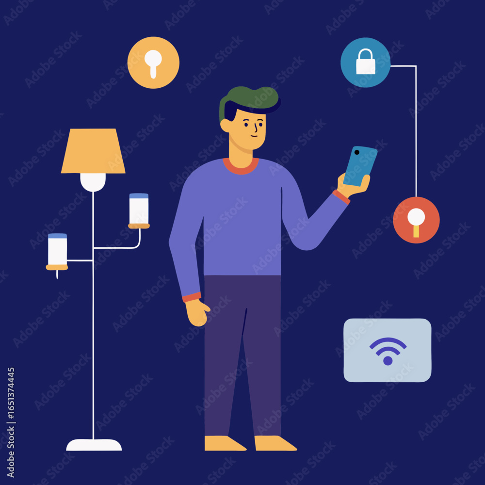 Poster vector art of a man using a smartphone to control smart home devices like lights and security, conne