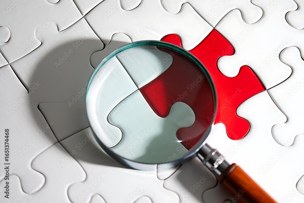 Poster magnifying glass examining a red puzzle piece being placed into a larger white jigsaw puzzle symboli