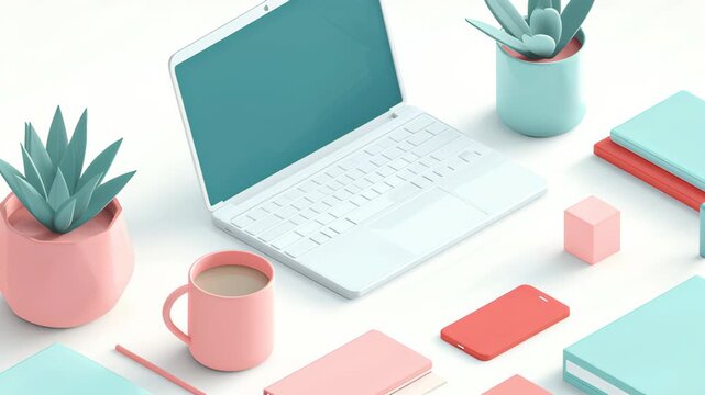 Modern Isometric 3D Scene with Laptop, Objects, and Colors for Creative Projects