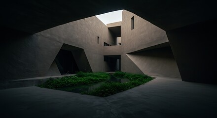 Fototapeta premium Architectural Courtyard with Geometric Forms and Vegetation