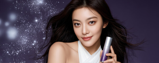 Naklejka premium Young Woman Holding Cosmetic Bottle With Magical Sparkle Effects Against Purple Backdrop