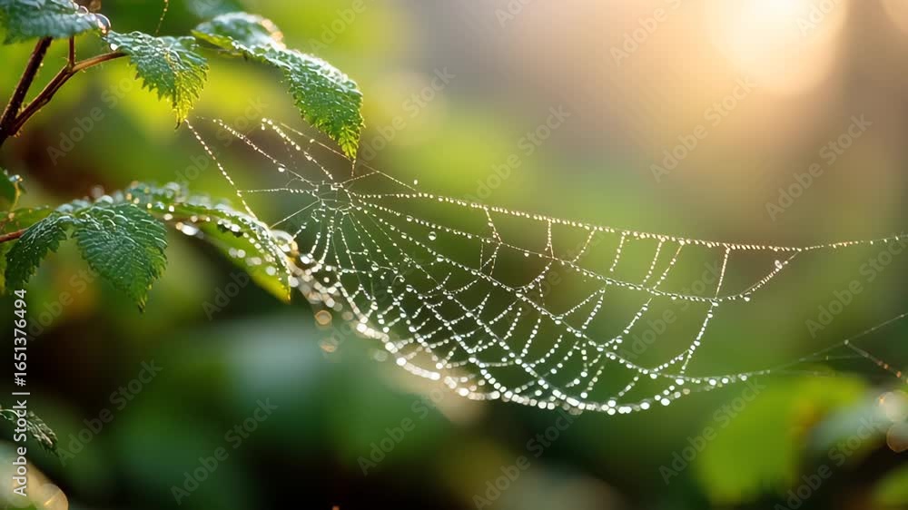 Poster sunlit spiderweb with dewdrops on leaves in a natural setting at dawn