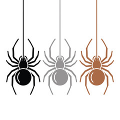 Three stylized spiders hanging on threads black grey and brown arachnid insect