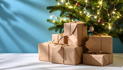 Pile Of Wrapped Brown Presents Under Illuminated Green Christmas Tree With Decorations In Front Of Blue Wall