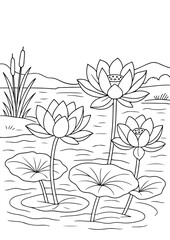 Flowers Coloring Book, Lotus flowers on a pond surrounded by lily pads and reeds.