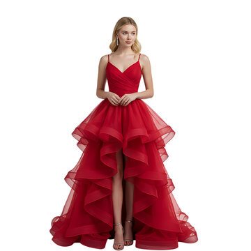 Stunning blonde woman posing elegantly in a vibrant red ruffled high-low ball gown perfect for formal events