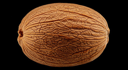 Obraz premium Macro Shot of a Whole Nutmeg Seed Showcasing its Intricate Veined Surface, Aromatic Spice Detail Against a Dark Background