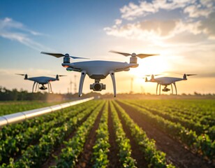 A fleet of agricultural drones with cameras flying over a lush green crop field at sunrise, representing modern smart farming technology.
