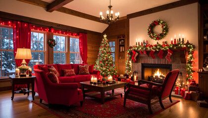 Festive Christmas Living Room Interior with Decorated Tree Fireplace and Holiday Decorations in Warm Lighting