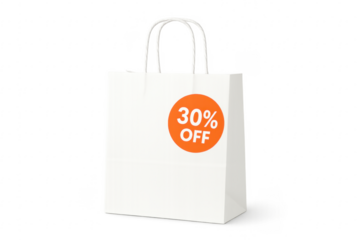 White shopping bag with 30 percent off discount sticker on transparent background